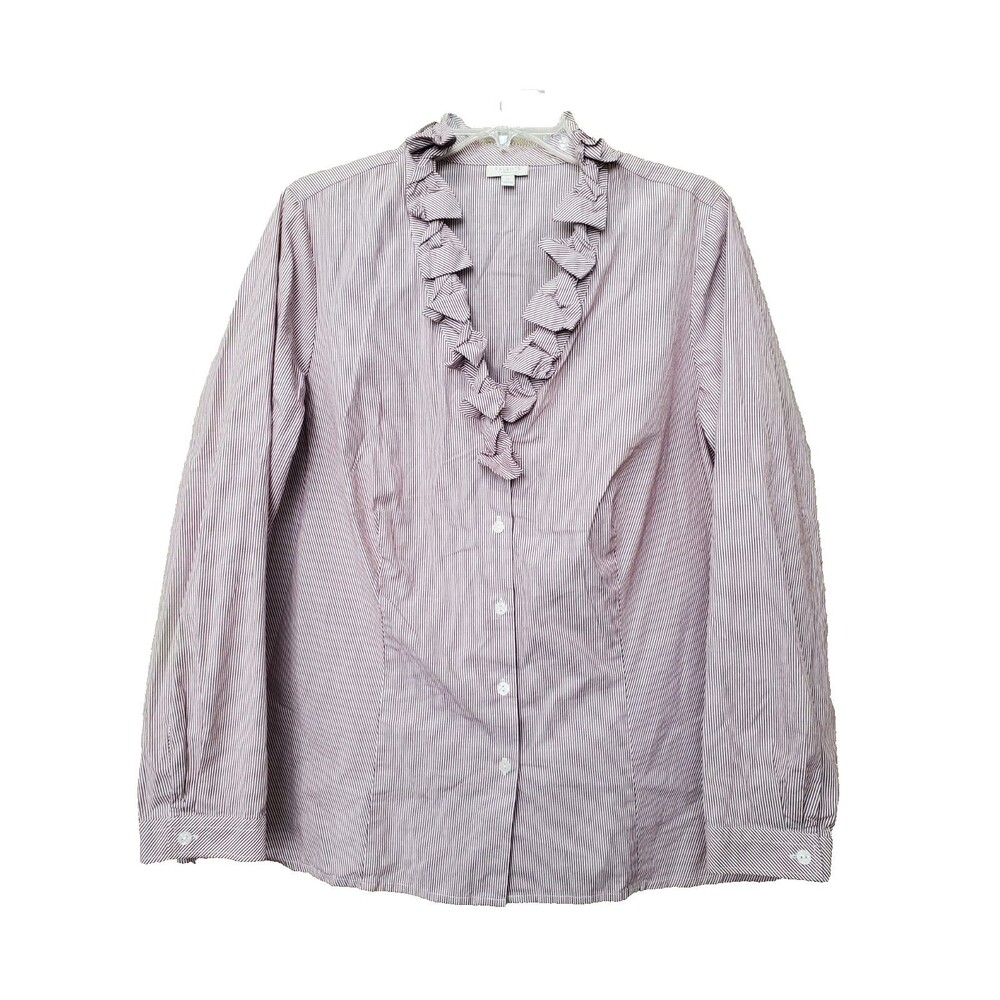 Talbots Woman 100% Cotton Pinstripe Ruffle Neck Button-Up Shirt Size 1X